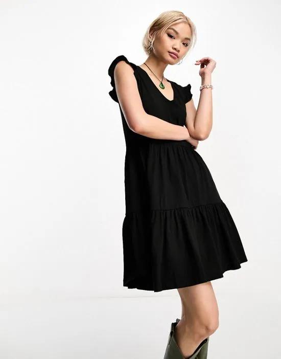 tiered frill sleeve mini dress in black