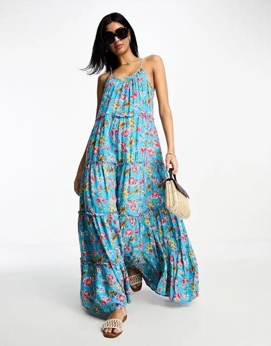 tiered maxi cami dress in blue floral print