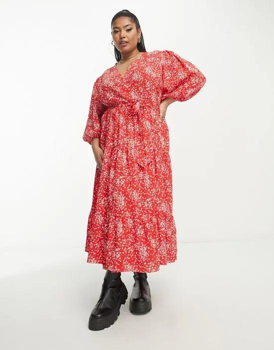 tiered maxi wrap dress in red ditsy