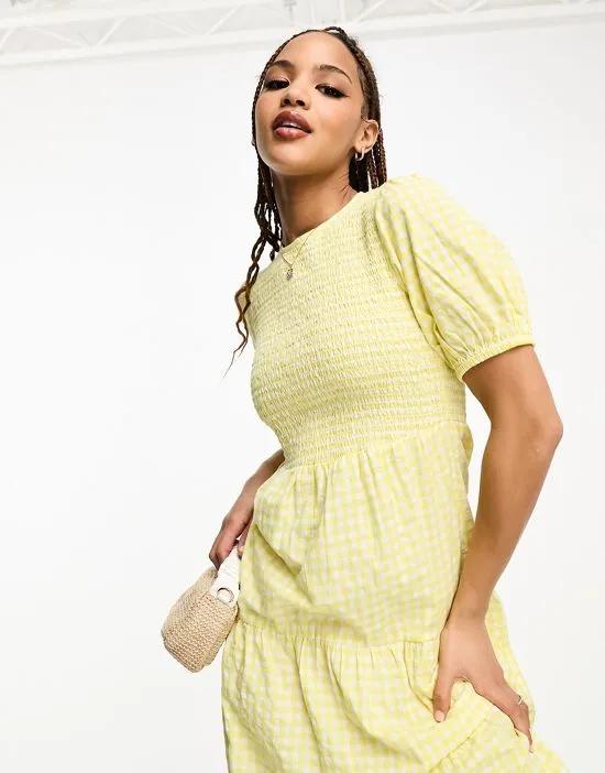 tiered midi dress in yellow gingham