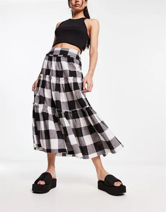 tiered midi skirt in monochrome gingham