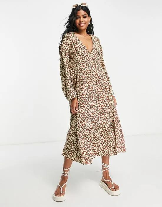 tiered midi smock dress in brown floral