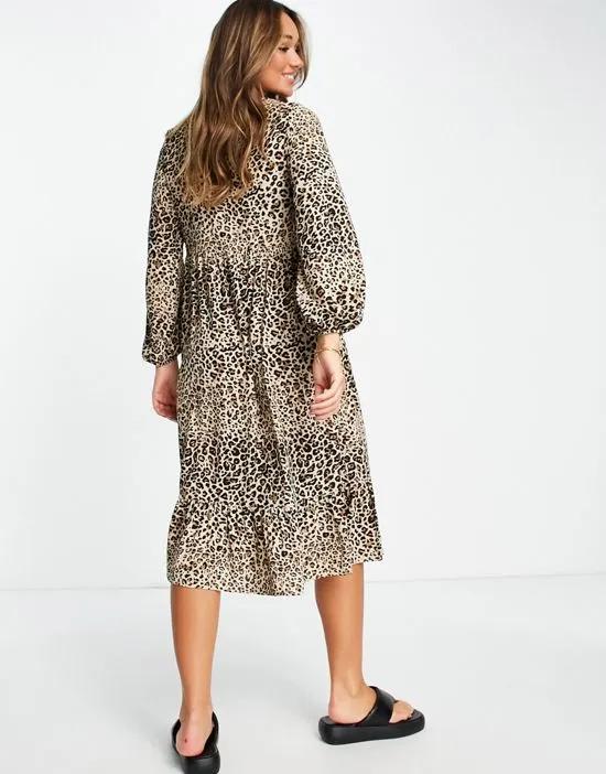tiered midi smock dress in leopard print