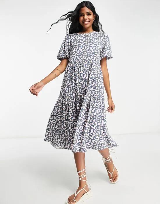 tiered midi smock dress with tie back in blue base daisy