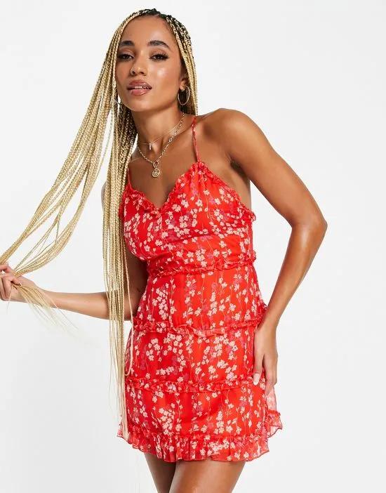 tiered mini dress in red floral