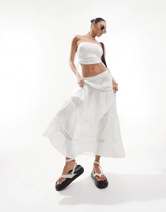 tiered prairie maxi skirt with lace inserts in ivory