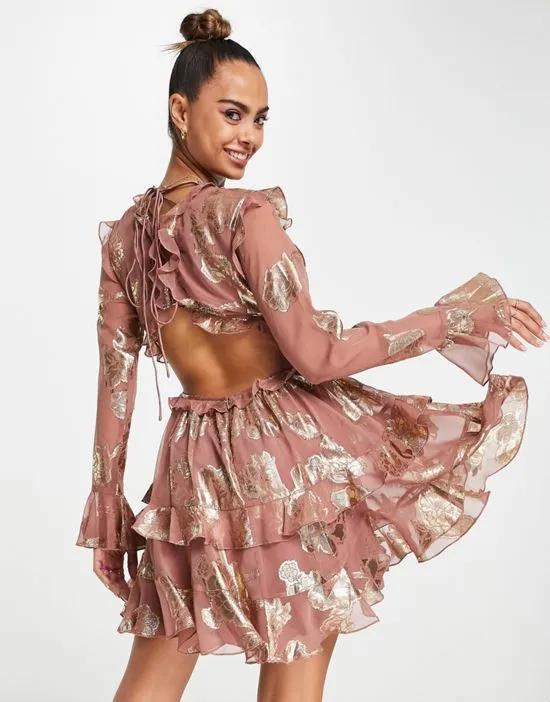 tiered ruffle floral jacquard mini dress with ruffle detail skirt in pink