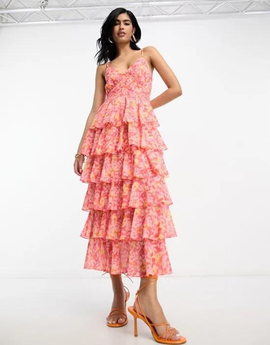 tiered ruffle midaxi dress in orange and pink floral