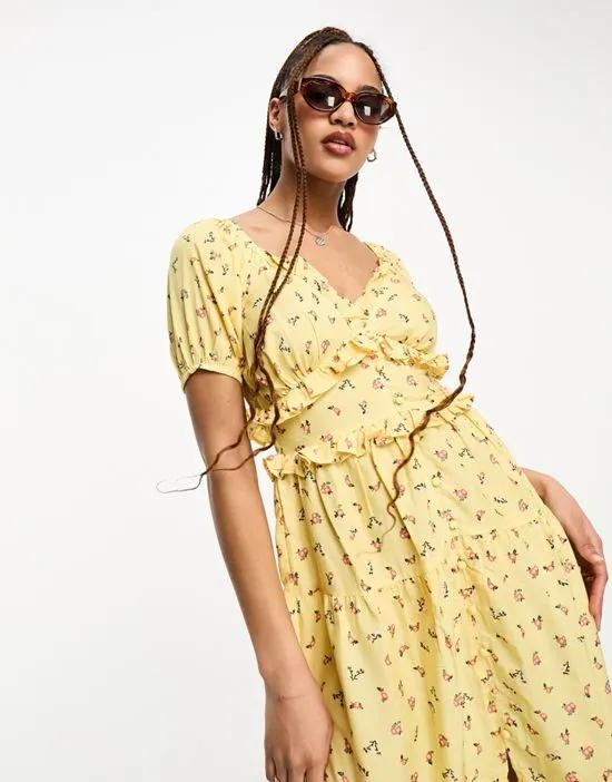 tiered ruffle smock dress in yellow floral print