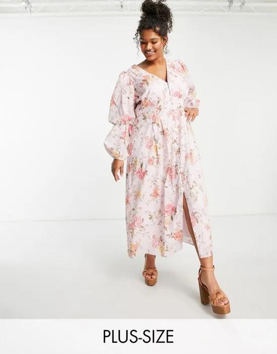 tiered sleeve button midaxi dress in rose floral
