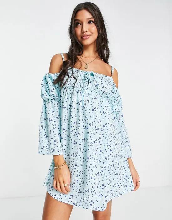tiered sleeve mini dress in blue floral