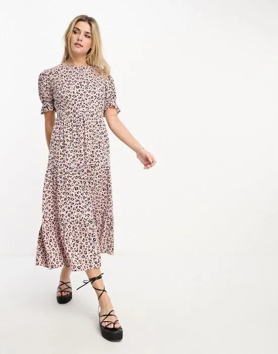 tiered smock dress in neutral leopard print