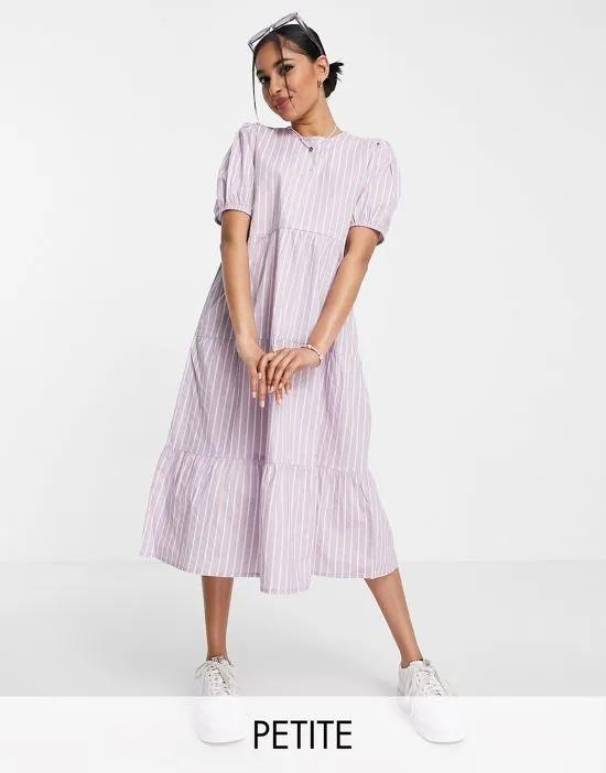 tiered smock midi dress in lilac stripe