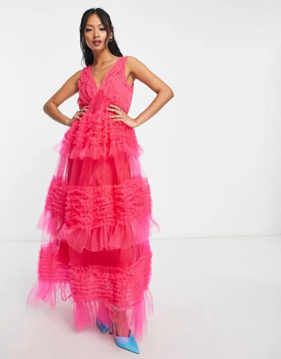 tiered tulle maxi dress in hot pink