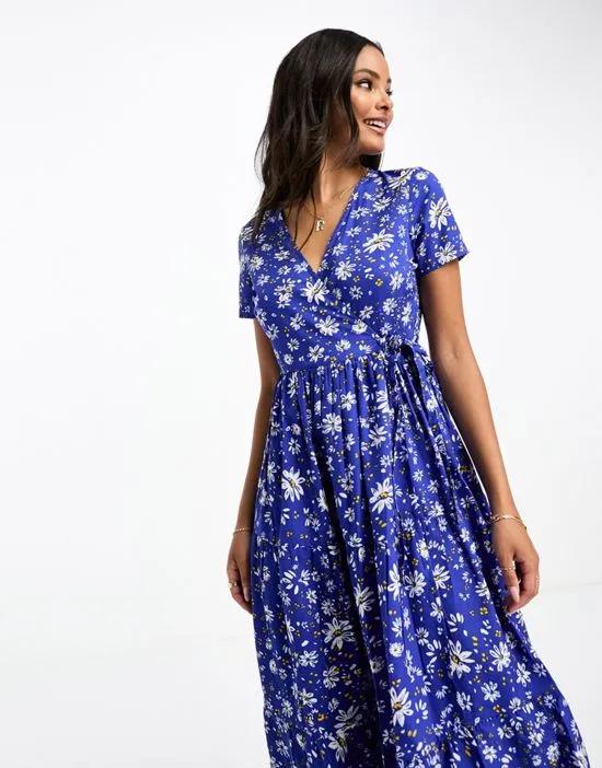 tiered wrap front midi dress in blue floral print