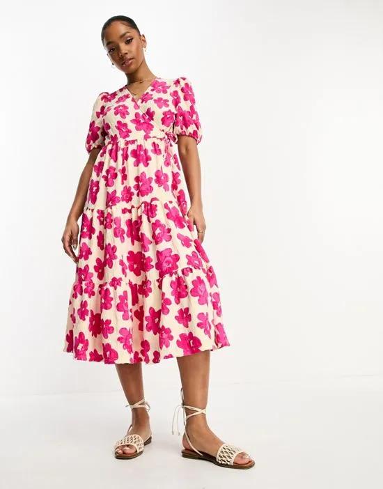 tiered wrap midi dress in pink floral print