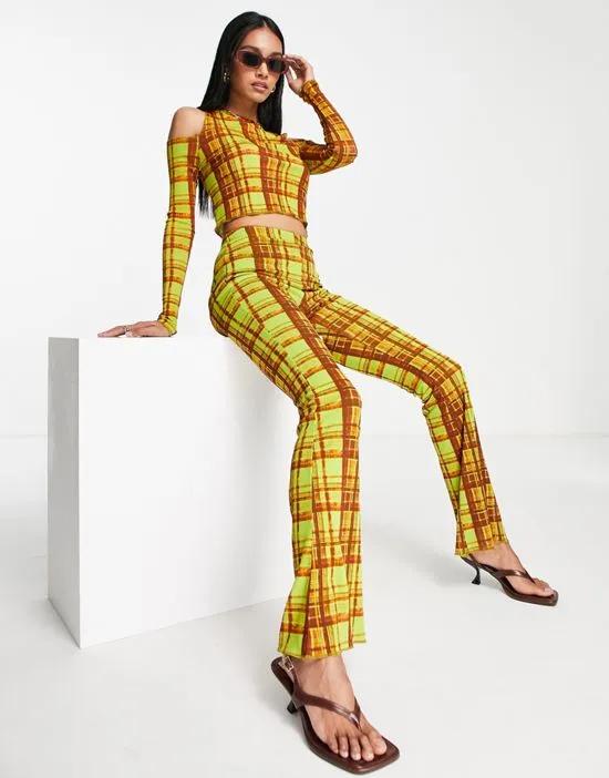tissue mesh flared pants in green grunge check - part of a set