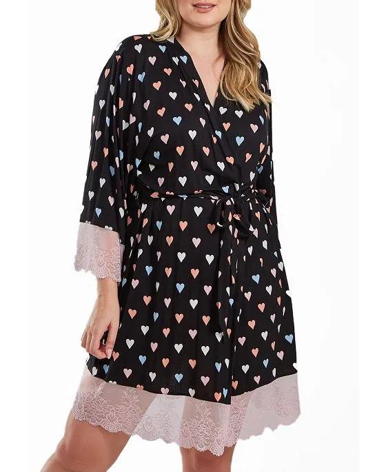 Tobey Plus Size Modal Hearts Robe Trimmed in Contrast Lace with Self Tie Sash
