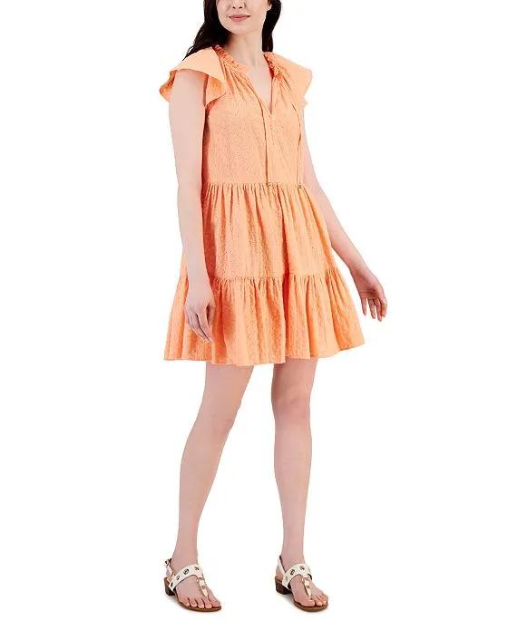 Tommy Hilfiger Women's Cotton Flutter-Sleeve Tiered Dress