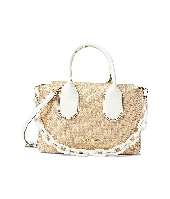 Top-Handle Straw Satchel with Resin Chain