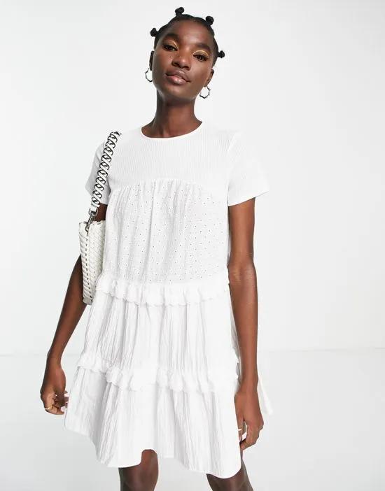 Topshop babydoll tiered broderie mini dress in ivory
