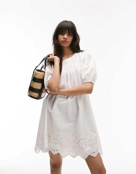 Topshop channelled mini chuck on dress with broderie trim in white