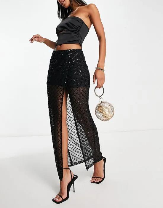 Topshop diamond sequin sheer wrap midi skirt in black