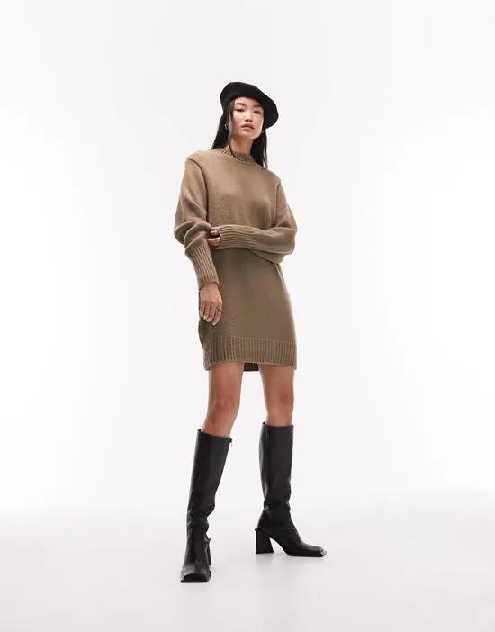Topshop knitted crew neck dress in brown