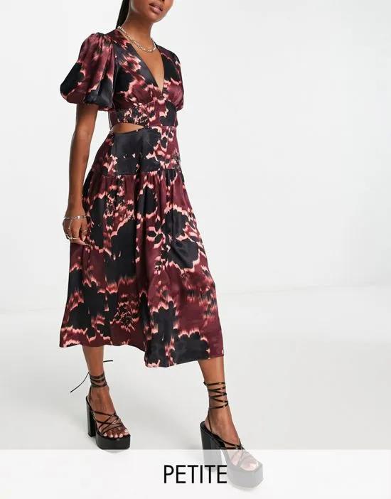 Topshop Petite graphic floral cut out waist midi dress in burgundy