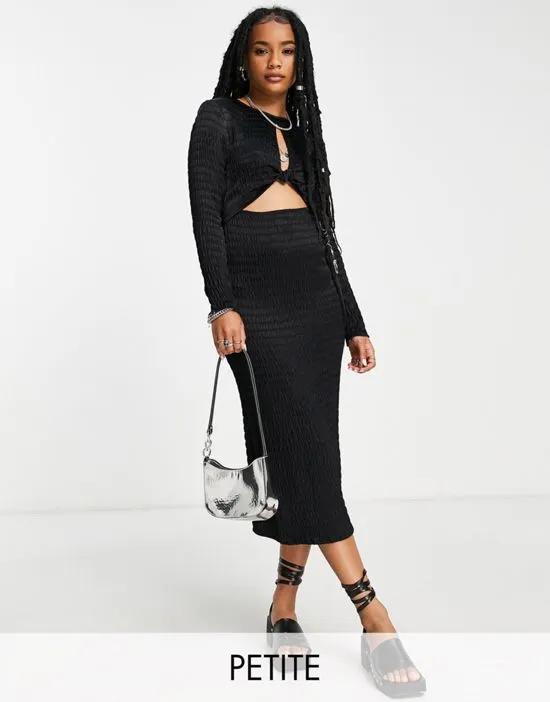 Topshop petite long sleeve midi dress with knot front in black