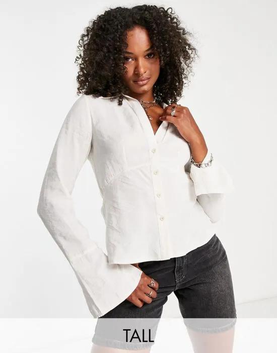Topshop tall slim fit open collar shirt in stone