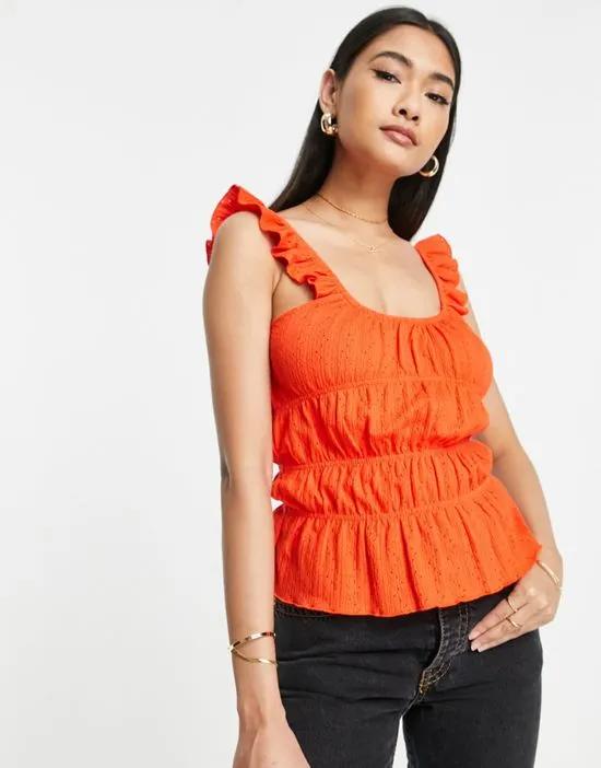 Topshop textured frill shoulder cami in red