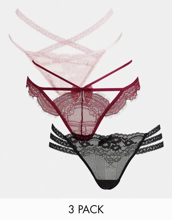 Tora strappy string thong 3 pack in pink, red and black