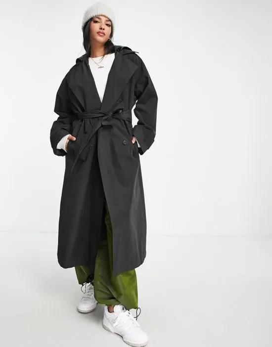 trench coat with faux leather hood in black
