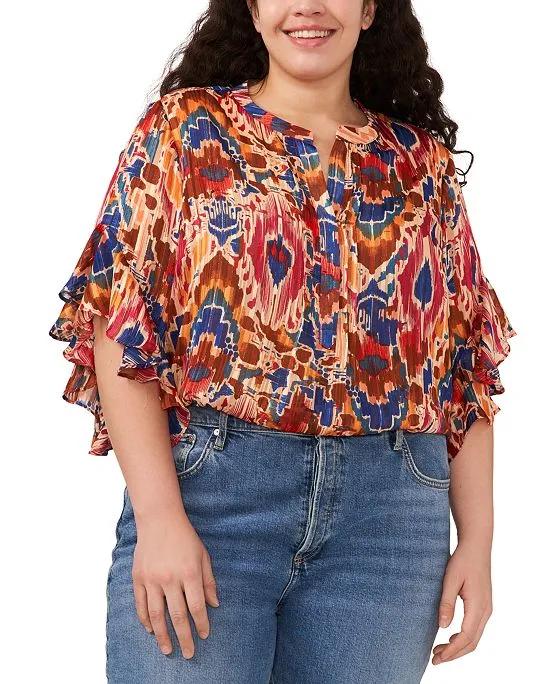 Trendy Plus Size Printed Pintucked Ruffle-Sleeve Blouse