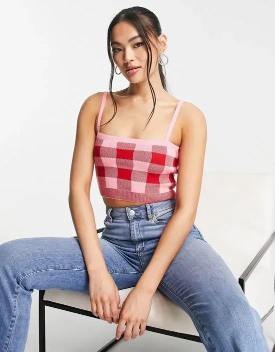 Trendyol knit cami crop top in pink and red check