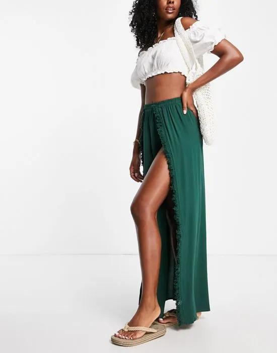 Trendyol maxi skirt with fringe slit in khaki