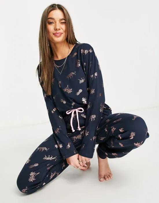 tropical foil long pajama set in navy and pink