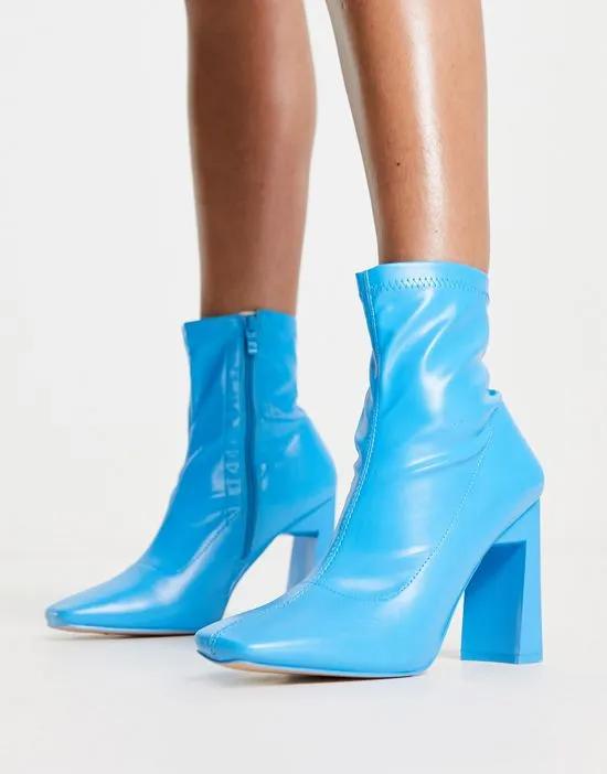 True mid heel ankle boots in bright blue PU
