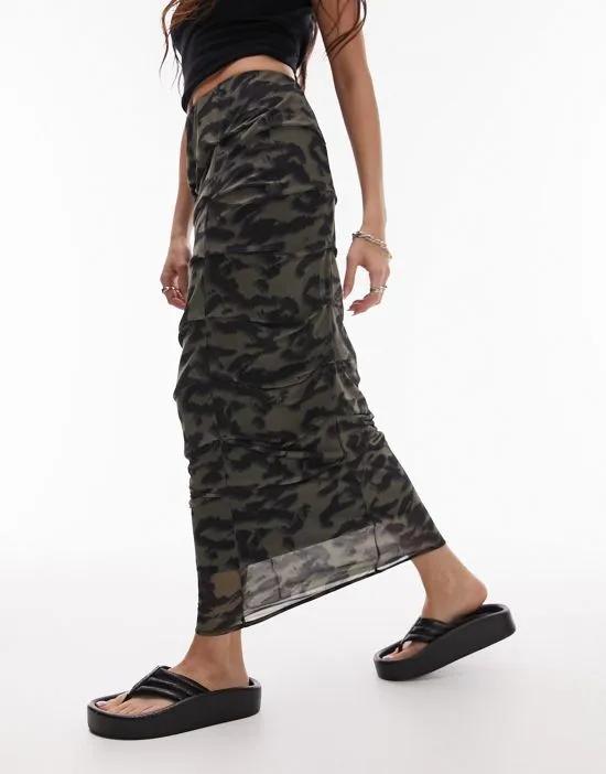 tuck animal print midi skirt in khaki