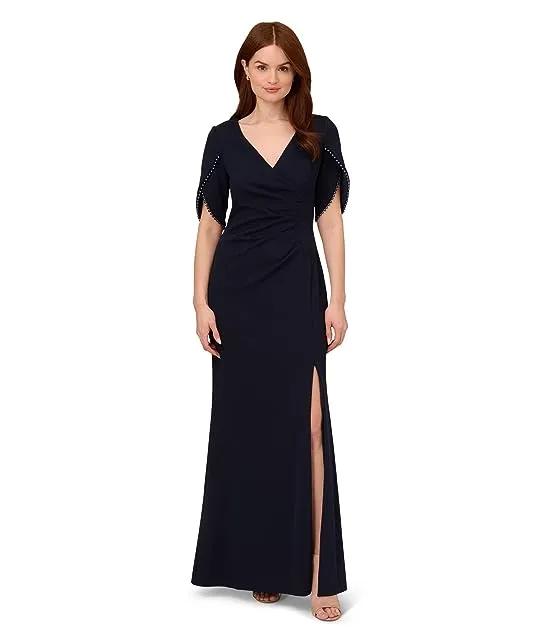 Tulip Sleeve Stretch Crepe Column Gown with Pearl Trim Detail