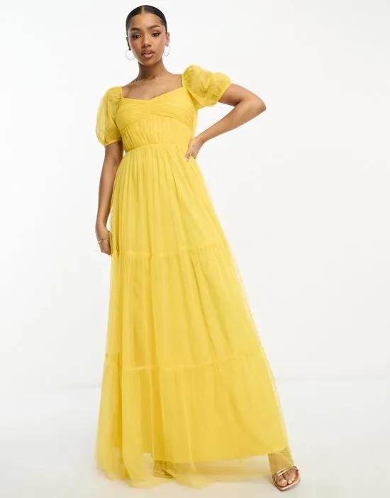 tulle maxi dress with sweetheart neckline in yellow