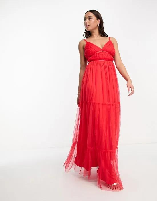 tulle maxi dress with tiered skirt in bright red