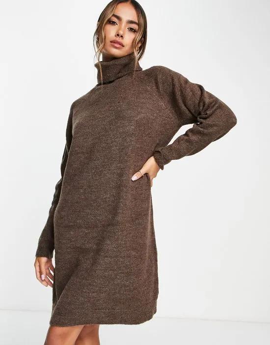 turtle neck knit dress in brown