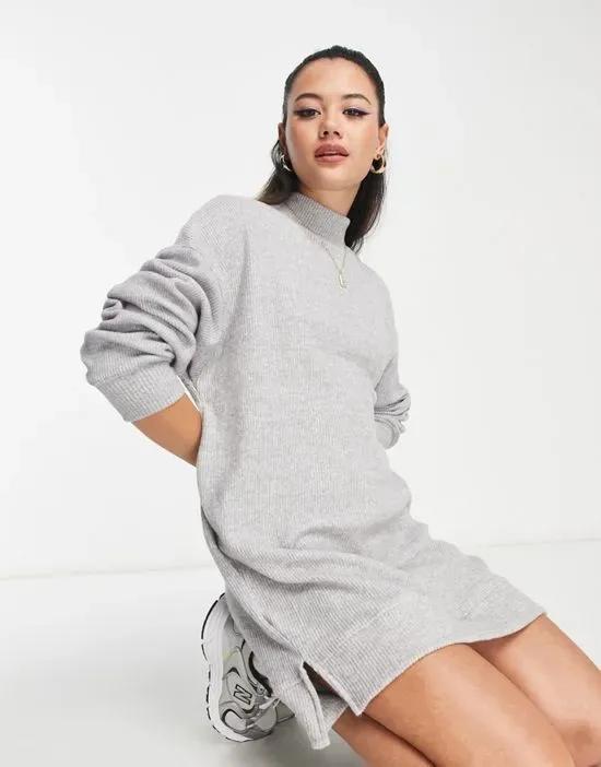 turtle neck long sleeve knitted mini dress in gray