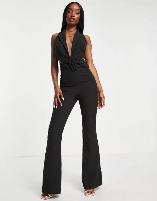 tux halter cut out belted jumpsuit with flare leg in black