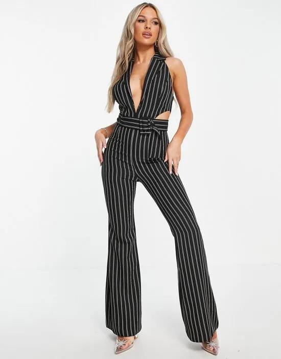 tux halter cut-out belted jumpsuit with flare leg in black pinstripe