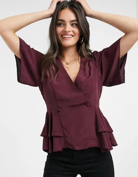 tux top with angel sleeve and button detail in wine