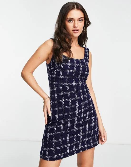 tweed a line mini dress in navy check print