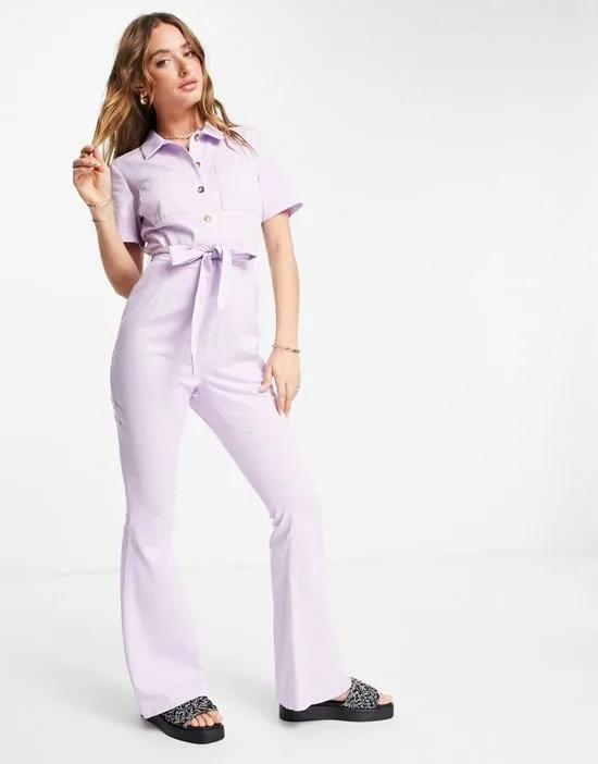twill 70s kickflare boilersuit in lilac